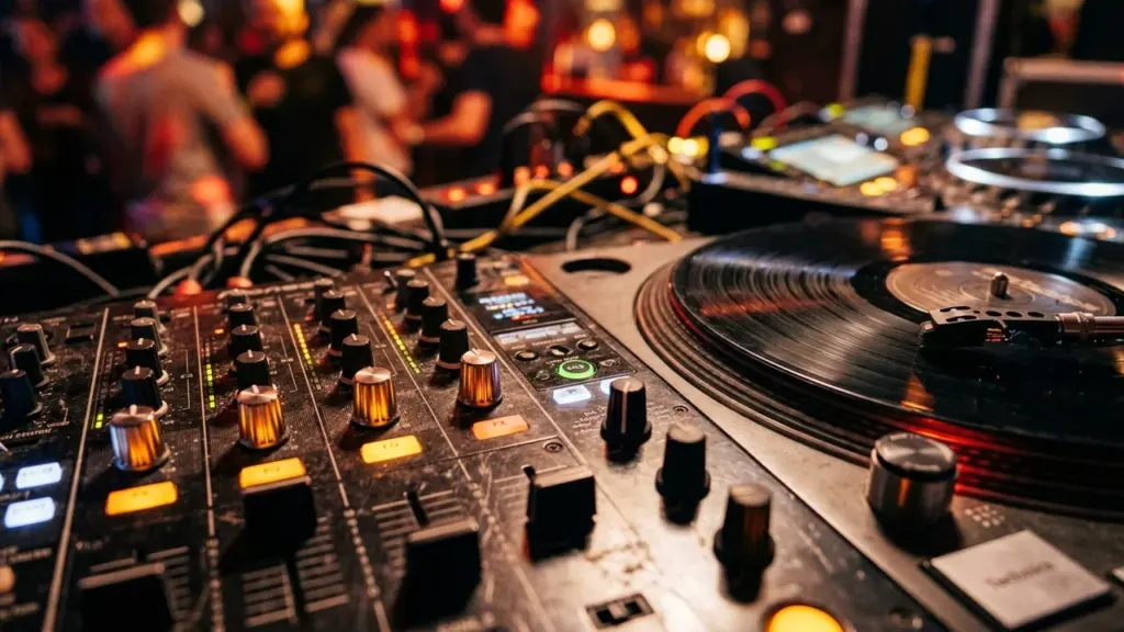 DJ-pult koos vinüülplaadimängija ja juhtmetega ööklubi sumedas taustavalgustuses ja tantsivate inimestega.