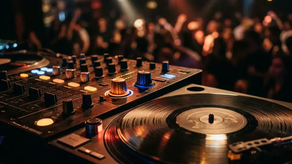 DJ-pult vinüülplaadimängijaga hämaras klubis, kus taustal on näha tantsivat rahvahulka.