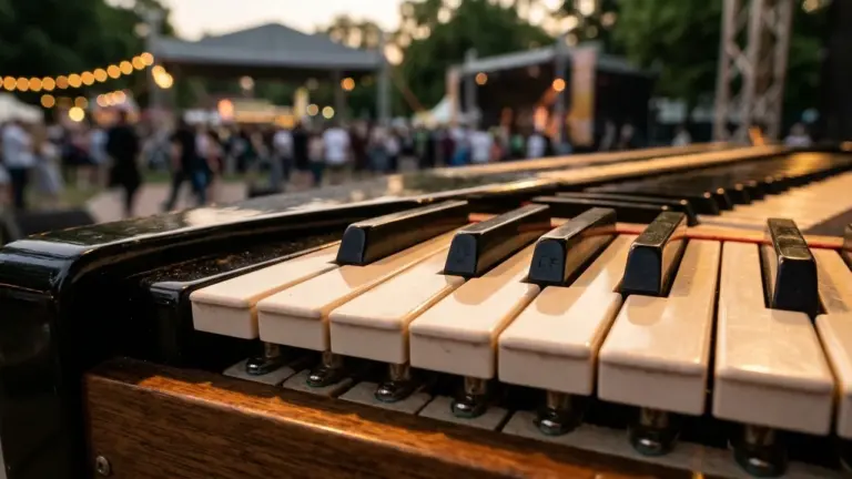 Klaveri klahvid lähivõttes, taustal on udune välifestival ja palju inimesi päikeseloojangus.