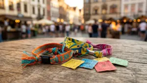 Värvilised festivalipaelad ja väikesed kangatükid puitlaual, taustal on hägusad inimesed ja linnatänav.