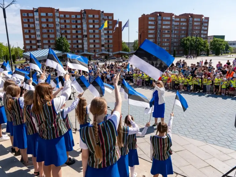 Rahvariietes tüdrukud lehvitavad väljakul Eesti lippe, taustal on inimesed ja kõrged kortermajad.