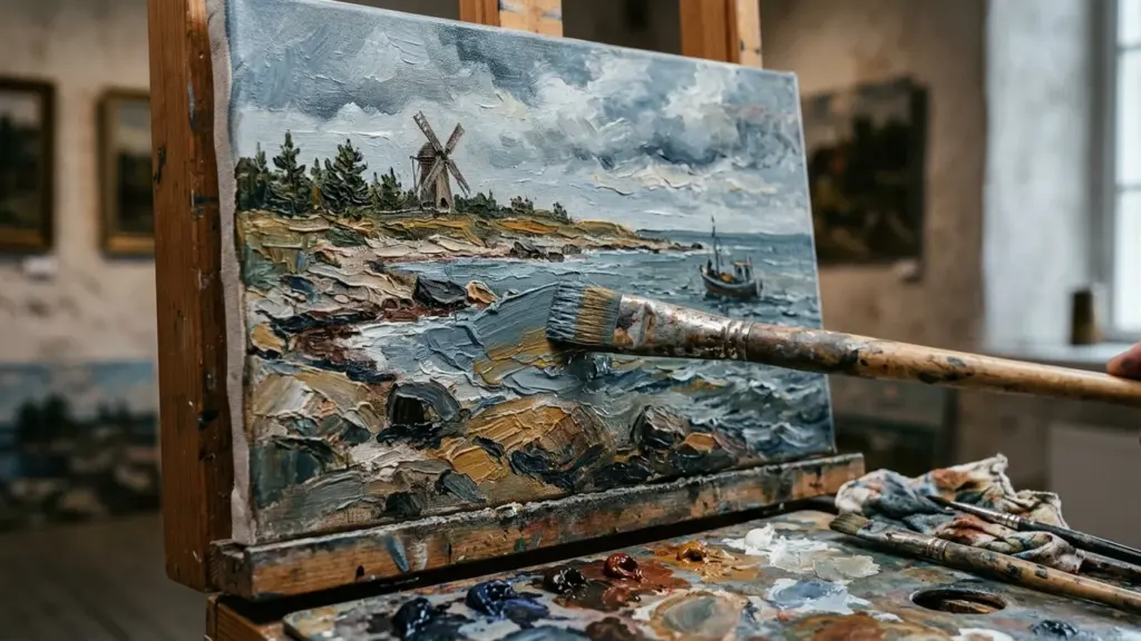 Kunstnik maalib õlivärvidega rannikumaastikku, kus on tuulik ja paat merel.