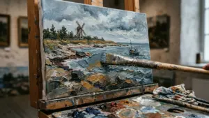 Kunstnik maalib õlivärvidega rannikumaastikku, kus on tuulik ja paat merel.