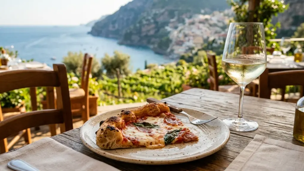 Taldrik pitsaviilu ja klaas valget veini puidust laual Amalfi ranniku vaatega.