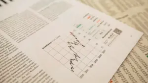 Ajaleht koos finantsgraafikutega laual sümboliseerimas majandusuudiste jälgimist ja finantstarkust.