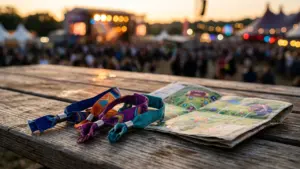 Värvilised festivali käepaelad ja sündmuse kaart asetsevad puidust laual, taustal hägune muusikafestivali lava.