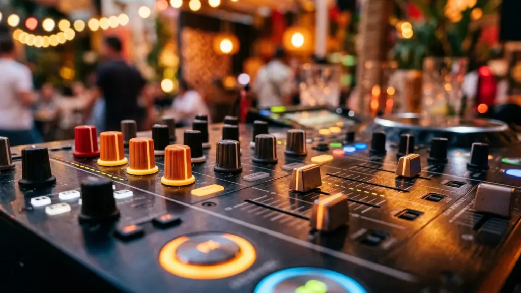 Lähivõte DJ-puldist, millel on värvilised nupud ja liugurid, taustal hägune peomeeleolu ja tuled.