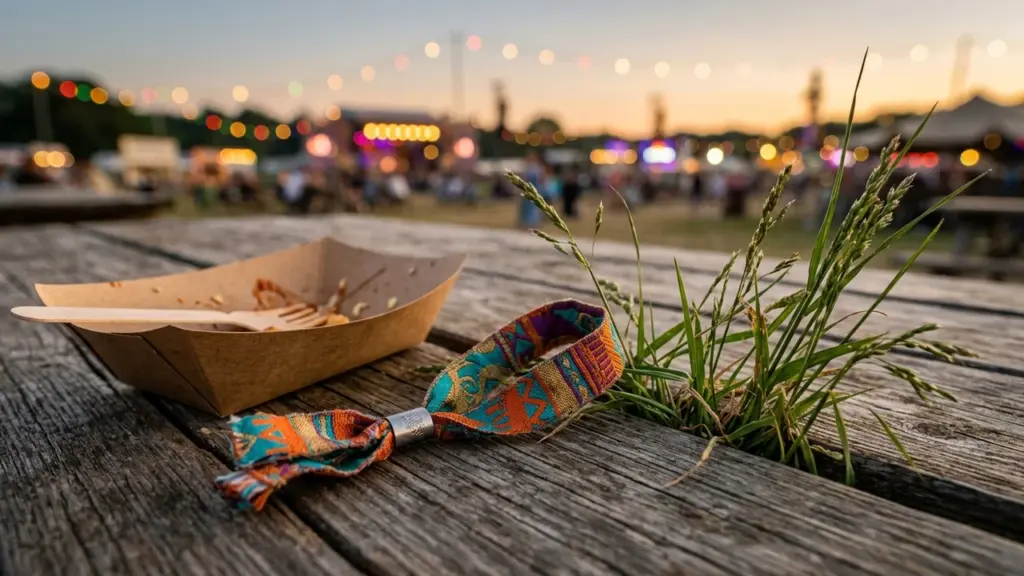 Puidust laual on festivali käepael, tühi toidunõu ja läbi laua kasvav rohi õhtusel muusikaüritusel.