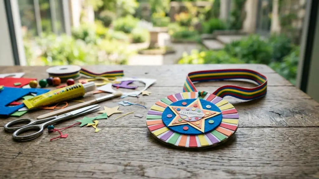 Värviline isetehtud tähtedega medal ja meisterdamistarbed puitlaual, taustal hägune roheline aed.
