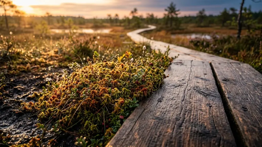 Puidust laudtee kulgeb läbi märgalade päikeseloojangus, esiplaanil on detailne vaade samblale ja taimedele.