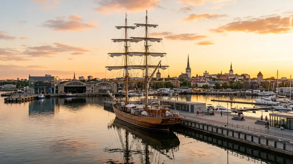 Suur purjelaev seisab Tallinna sadamas päikeseloojangul, taustal on Tallinna vanalinna siluett ja kirikutornid.