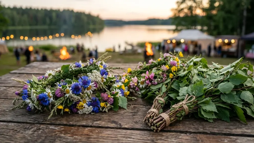 Puidust laual on lillepärjad ja kasevihad, taustal paistab järveäärne jaaniõhtu pidustus koos tuledega.