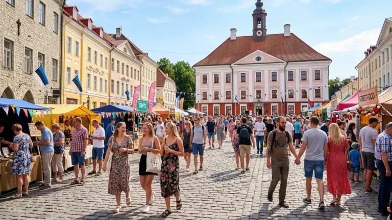 Inimesed kõnnivad päikeselisel päeval Tartu raekoja platsil, kus toimub värviliste telkidega suvine laat.