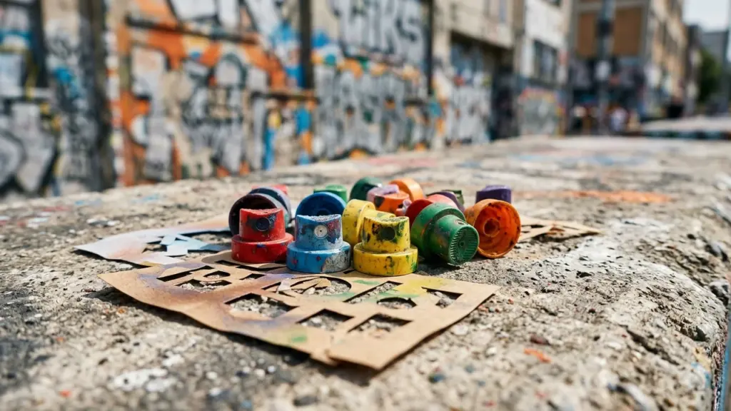 Värvilised aerosoolvärvi pihustid ja šabloonid asuvad betoonist pinnal, taustal on grafiti sein.