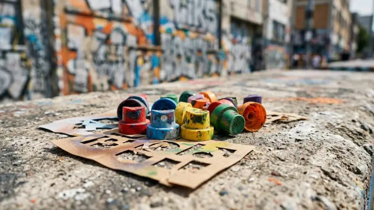 Värvilised aerosoolvärvi pihustid ja šabloonid asuvad betoonist pinnal, taustal on grafiti sein.