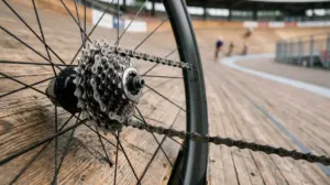 Lähivõte jalgratta tagarattast ja hammasratastest puitkattega velodroomi rajal, taustal on hägusad ratturid.