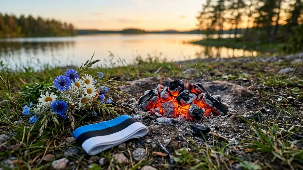 Lõkkesüsi, Eesti rahvusvärvides lint ja metslilled järve kaldal kauni päikeseloojangu ajal.