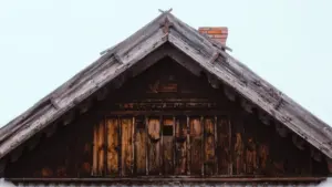 Pruun puidust elumaja heleda taeva all, tüüpiline vaade Eesti väikelinna piirkonnas.